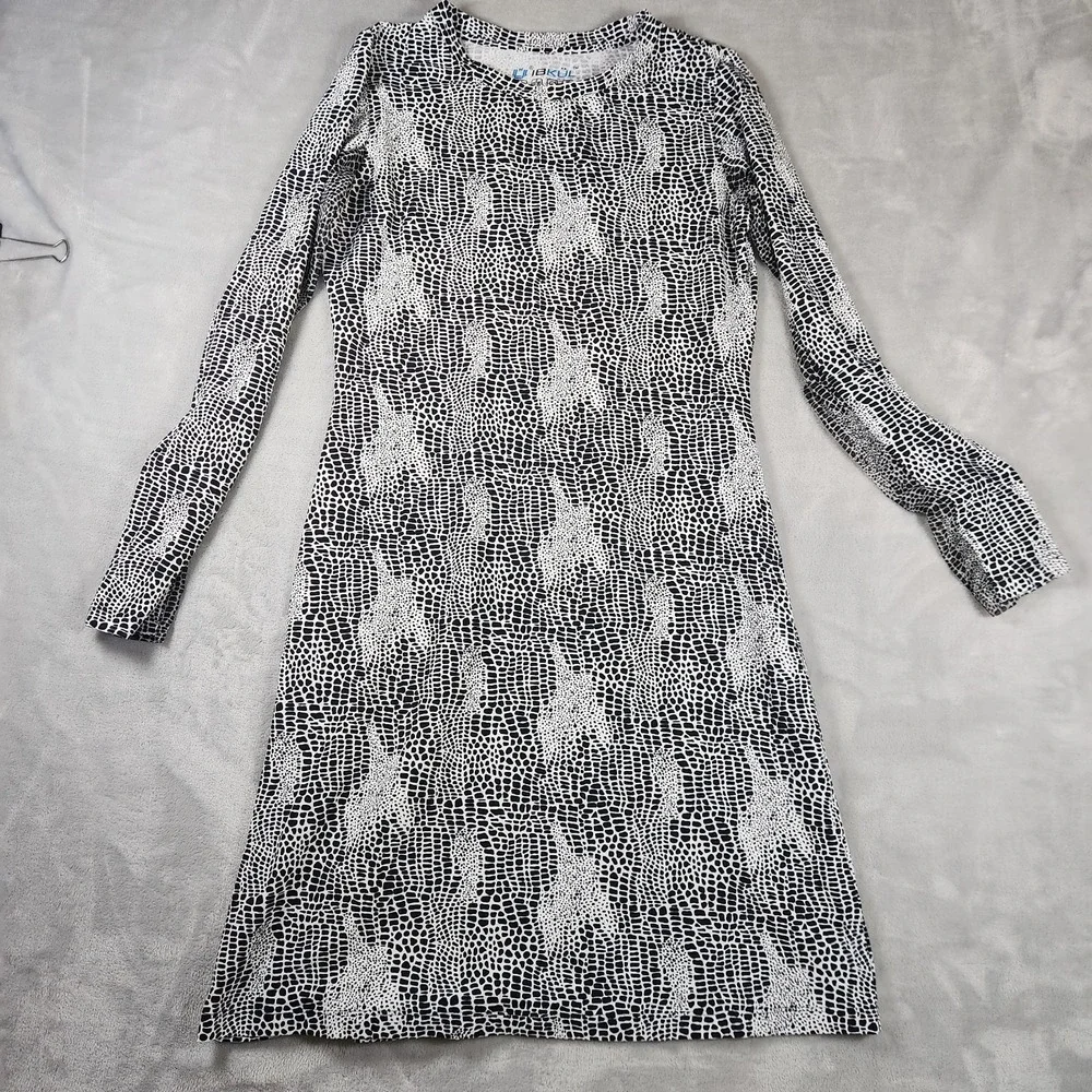 IBKUL Dress Womens XS White Black Zebra Animal Print Long Sleeve Performance UPF